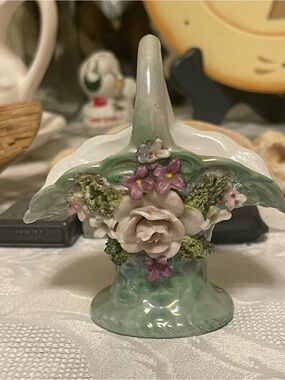 Porcelain Floral Basket Accent - Green and Pink